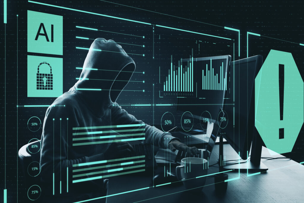 Hooded attacker working at a computer next to AI, lock, and warning icons, representing generative AI security risks