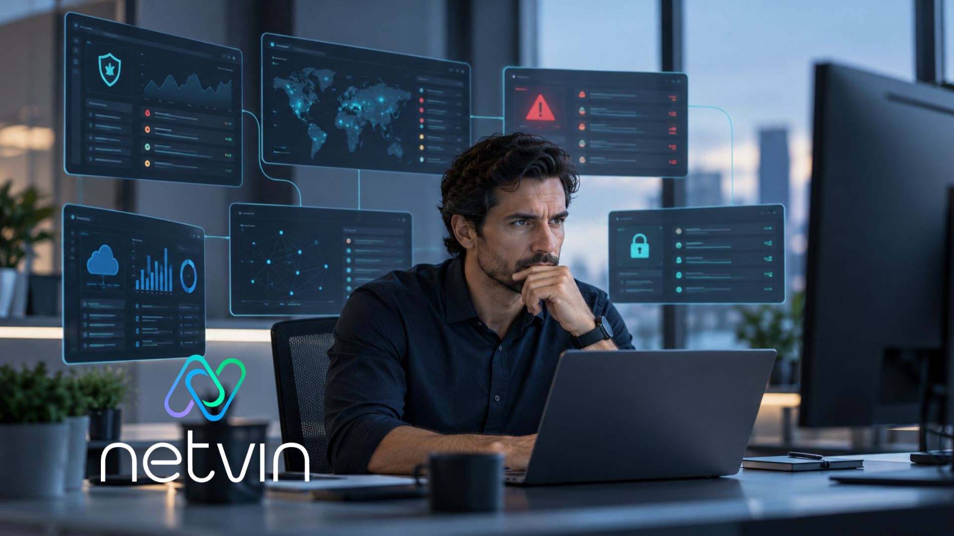 IT manager reviewing multiple security dashboards on a laptop, illustrating the need for security tool consolidation