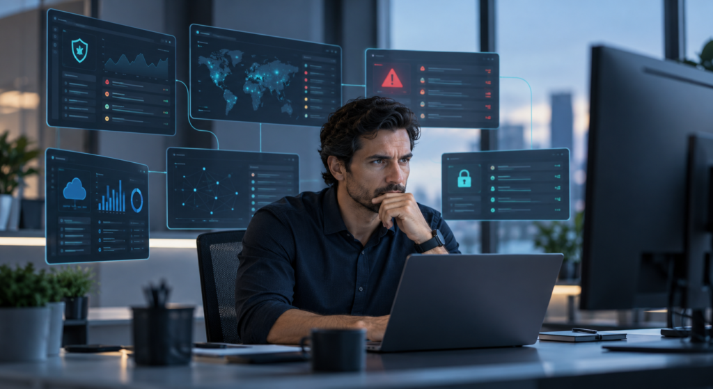 Analyst surrounded by multiple security screens and alerts, representing the hidden costs of security tool sprawl