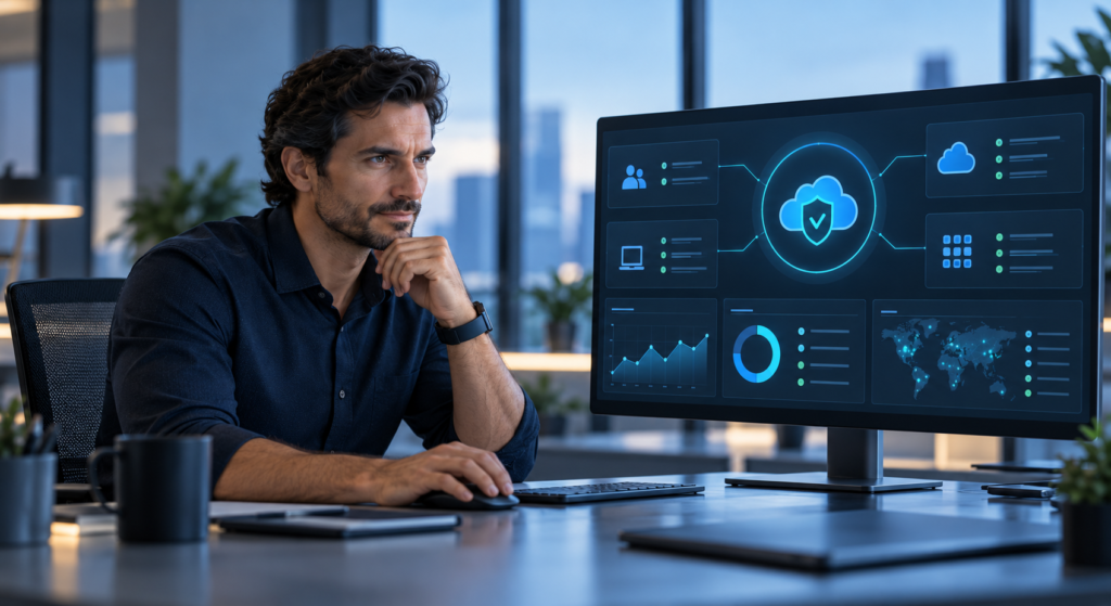 Professional monitoring a single cloud security dashboard, showing how a unified platform replaces separate tools